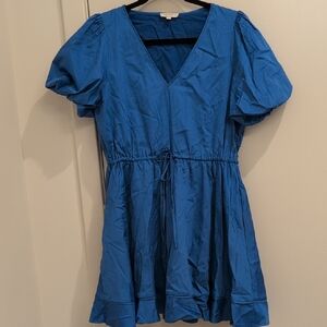 S'EDGE Blue V-Neck Dress with Puff Sleeves
